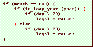 Text Box: if (month == FEB) {
if (is_leap_year (year)) {
if (day > 29)
legal = FALSE;
} else
if (day > 28)
legal = FALSE;
}