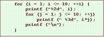 Text Box: for (i = 1; i <= 10; ++i) {
printf (%2d, i);
for (j = 1; j <= 10; ++j)
printf ( %3d, i*j);
printf (\n);
}