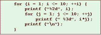 Text Box: for (i = 1; i <= 10; ++i) {
printf (%2d, i);
for (j = 1; j <= 10; ++j)
printf ( %3d, i*j);
printf (\n);
}