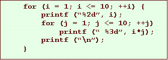 Text Box: for (i = 1; i <= 10; ++i) {
printf (%2d, i);
for (j = 1; j <= 10; ++j)
printf ( %3d, i*j);
printf (\n);
}