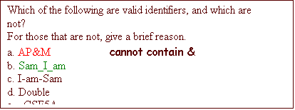 Text Box: Which of the following are valid identifiers, and which are not? 
For those that are not, give a brief reason.
a. AP&M		cannot contain &
b. Sam_I_am
c. I-am-Sam
d. Double
e. _CSE5A_
