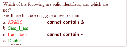 Text Box: Which of the following are valid identifiers, and which are not? 
For those that are not, give a brief reason.
a. AP&M		cannot contain &
b. Sam_I_am
c. I-am-Sam		cannot contain -
d. Double
e. _CSE5A_
