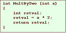 Text Box: int MultByTwo (int x)
{
int retval;
retval = x * 2;
return retval;
}