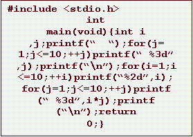 Text Box: #include <stdio.h>
int
main(void){int i
,j;printf( );for(j=
1;j<=10;++j)printf( %3d
,j);printf(\n);for(i=1;i
<=10;++i)printf(%2d,i);
for(j=1;j<=10;++j)printf
( %3d,i*j);printf
(\n);return
0;}