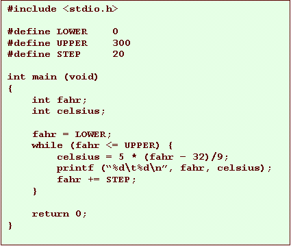 Text Box: #include <stdio.h>
#define LOWER 0
#define UPPER 300
#define STEP 20
int main (void)
{
int fahr;
int celsius;
fahr = LOWER;
while (fahr <= UPPER) {
celsius = 5 * (fahr 32)/9;
printf (%d\t%d\n, fahr, celsius);
fahr += STEP;
}
return 0;
}