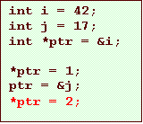 Text Box: int i = 42;
int j = 17;
int *ptr = &i;

*ptr = 1;
ptr = &j;
*ptr = 2;
