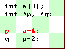 Text Box: int a[8];
int *p, *q;

p = a+4;
q = p-2;
