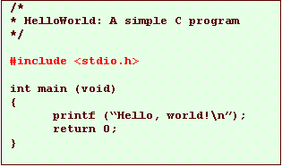 Text Box: /*
* HelloWorld: A simple C program
*/

#include <stdio.h>

int main (void)
{
printf (�Hello, world!\n�);
return 0;
}
