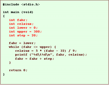 Text Box: #include <stdio.h>

int main (void)
{
   int fahr;
   int celsius;
   int lower = 0;
   int upper = 300;
   int step = 20;

   fahr = lower;
   while (fahr <= upper) {
      celsius = 5 * (fahr � 32) / 9;
      printf (�%d\t%d\n�, fahr, celsius);
      fahr = fahr + step;
   }

   return 0;
}

