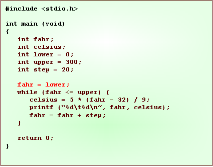 Text Box: #include <stdio.h>

int main (void)
{
   int fahr;
   int celsius;
   int lower = 0;
   int upper = 300;
   int step = 20;

   fahr = lower;
   while (fahr <= upper) {
      celsius = 5 * (fahr � 32) / 9;
      printf (�%d\t%d\n�, fahr, celsius);
      fahr = fahr + step;
   }

   return 0;
}
